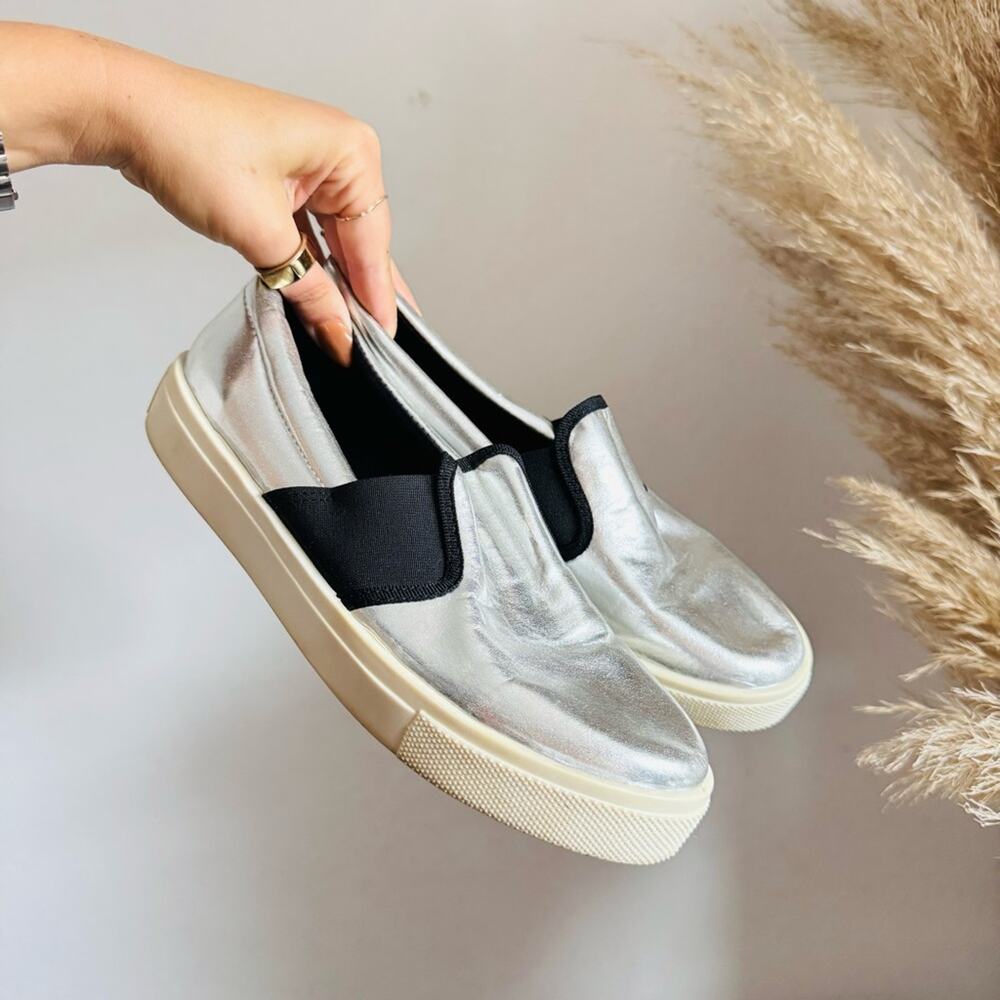 TOPSHOP Silver Metallic Black Elastic Off White Platform Slip On Sneakers Shoe 7